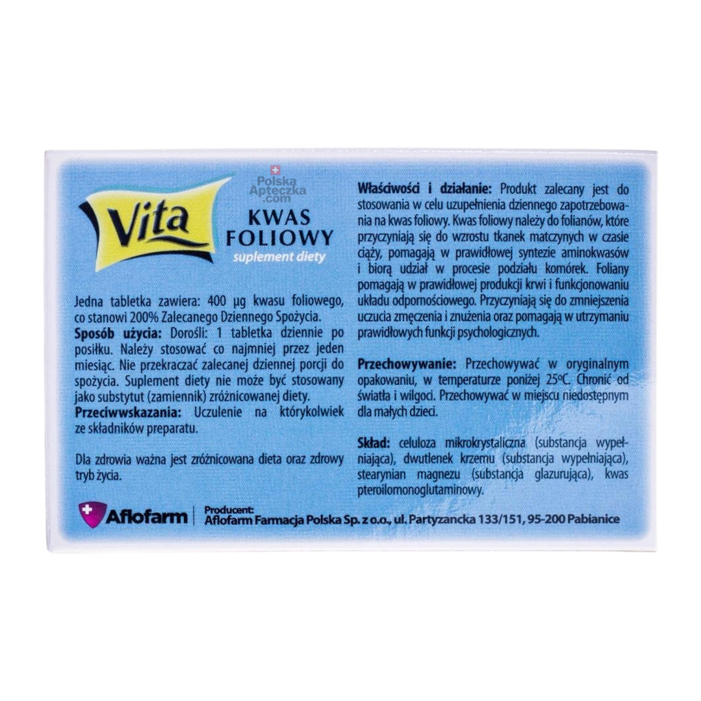 Vita Folic Acid 400 mcg Kwas Foliowy 90 Tablets ingredients