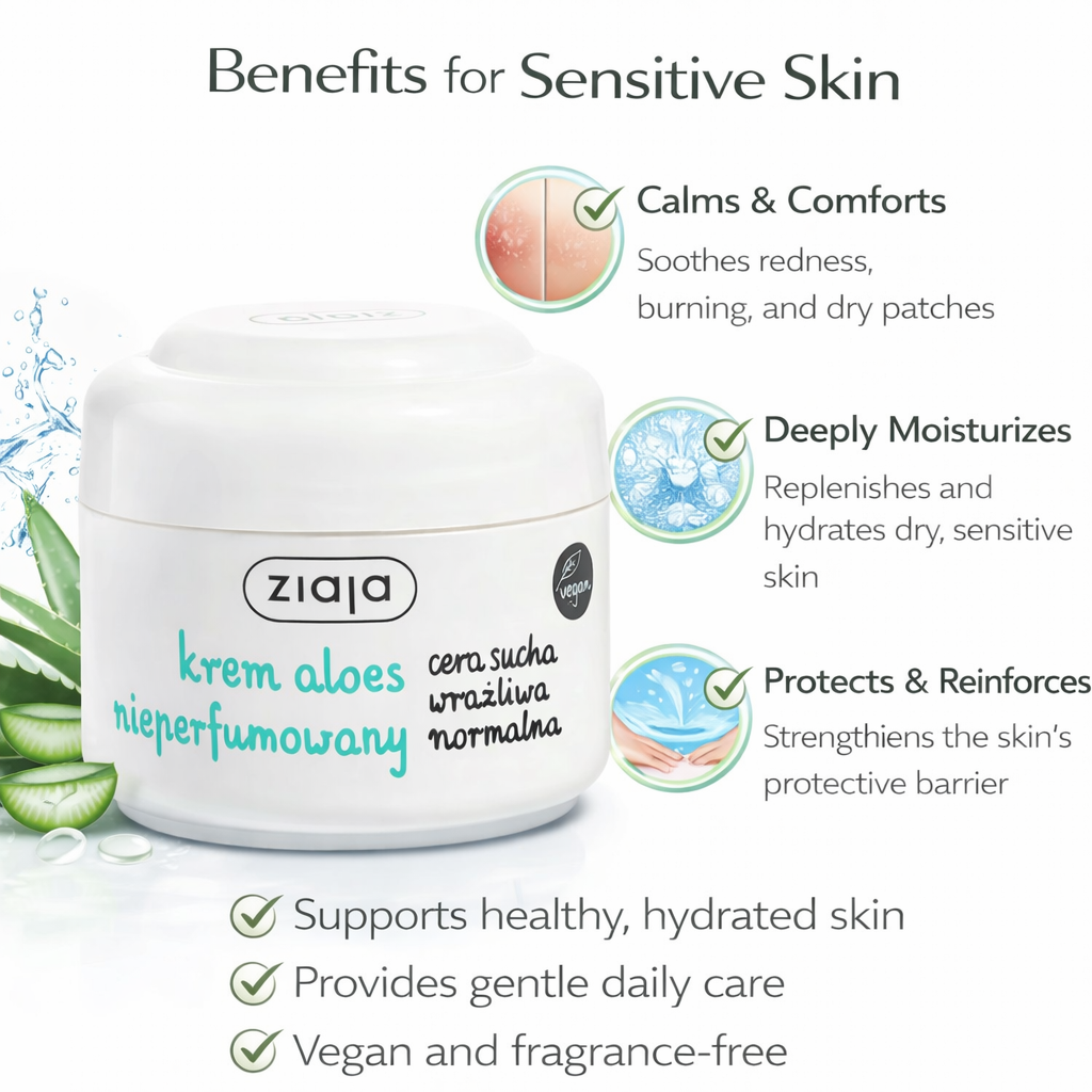 Ziaja Face Cream Aloe Unscented Moisturizer for Sensitive Dry Skin