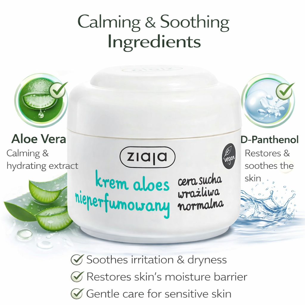 Ziaja Face Cream Aloe Unscented Moisturizer for Sensitive Dry Skin