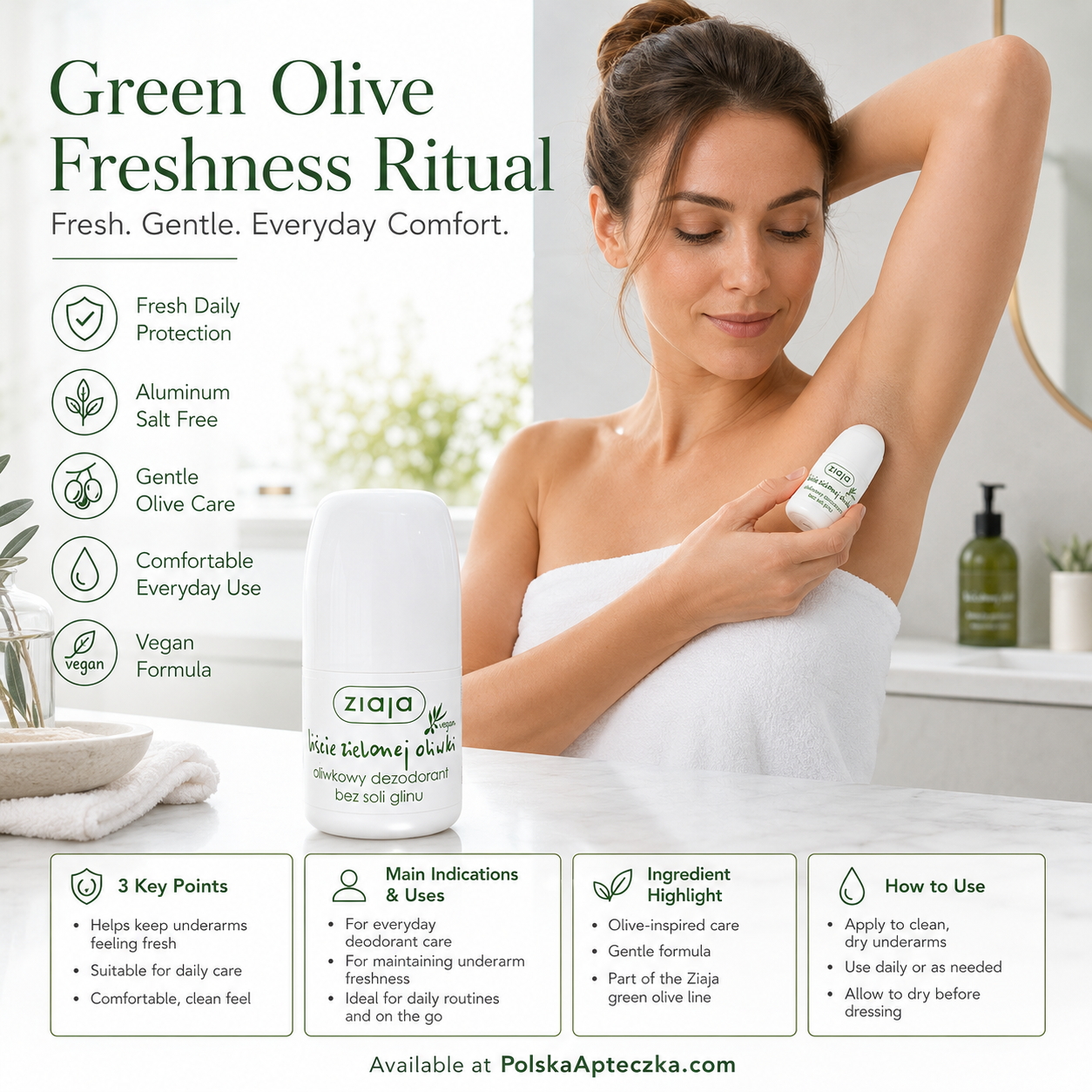 Ziaja Olive Leaf Aluminum Free Vegan Deodorant Roll-On 60ml lifestyle