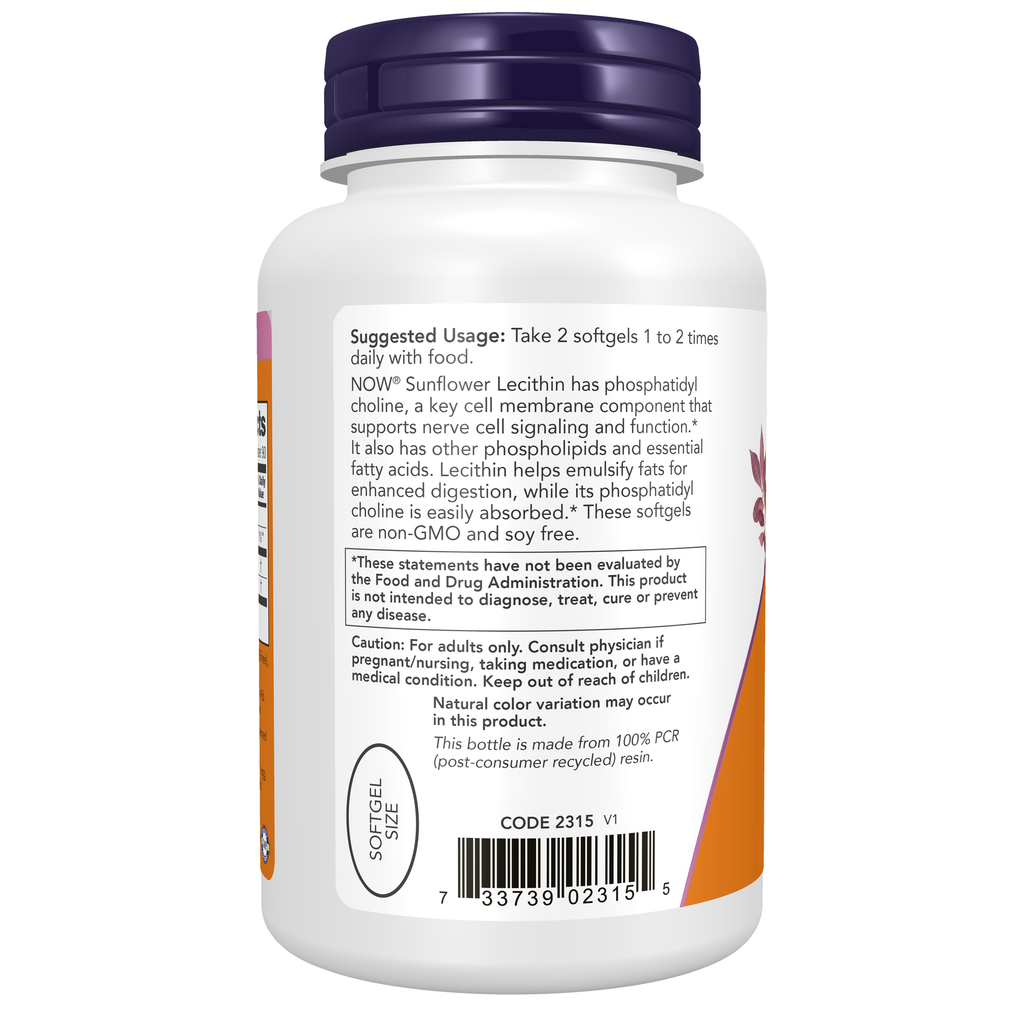 NOW Foods Sunflower Lecithin 500mg - 180 Softgels – Left label / Etykieta producenta