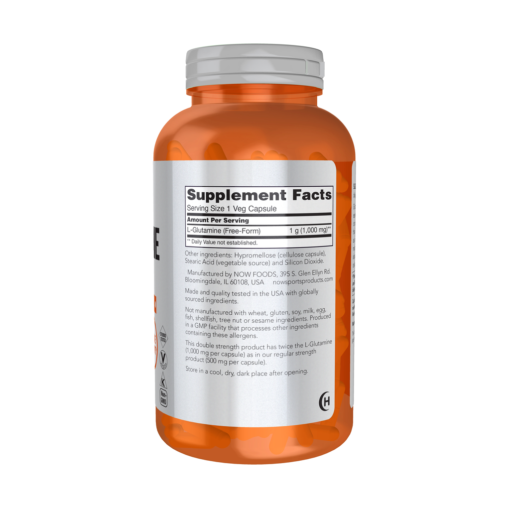 NOW Foods L-Glutamine, Double Strength 1000 mg - 240 Veg Capsules – Right label / Etykieta producenta
