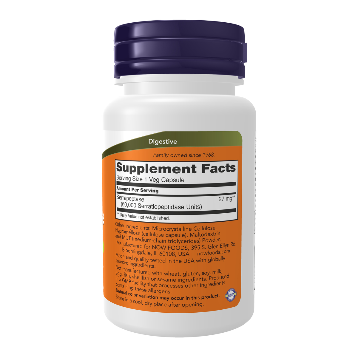 NOW Foods Serrapeptase - 60 Veg Capsules – Right label / Etykieta producenta