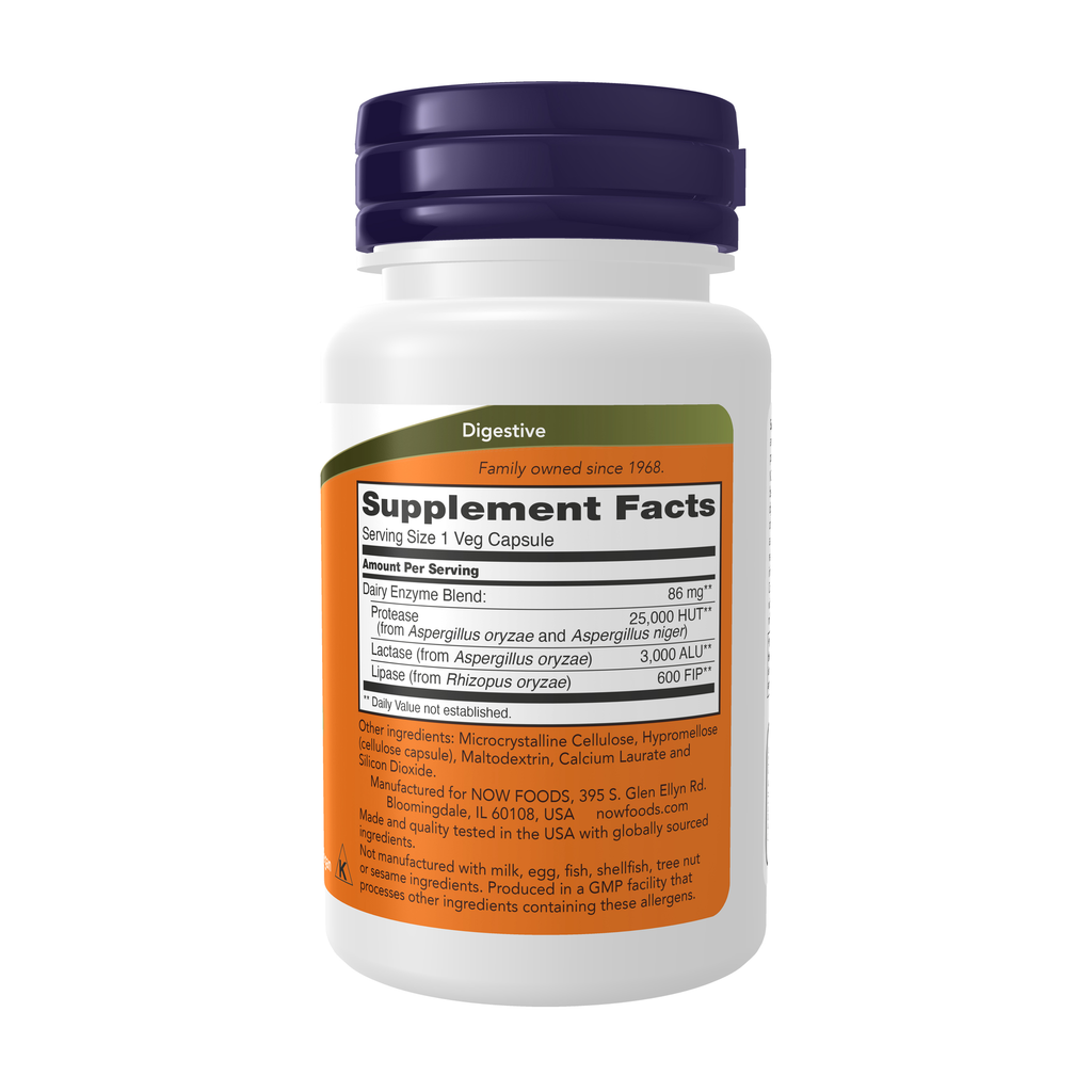 NOW Foods Dairy Digest Complete - 90 Veg Capsules – Right label / Etykieta producenta