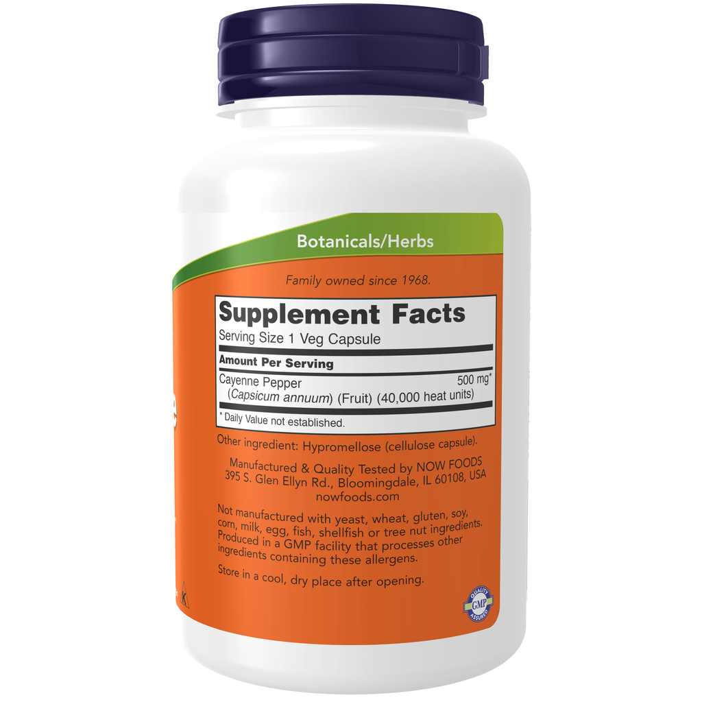 NOW Foods Cayenne 500 mg - 250 Veg Capsules – Label details / Etykieta producenta