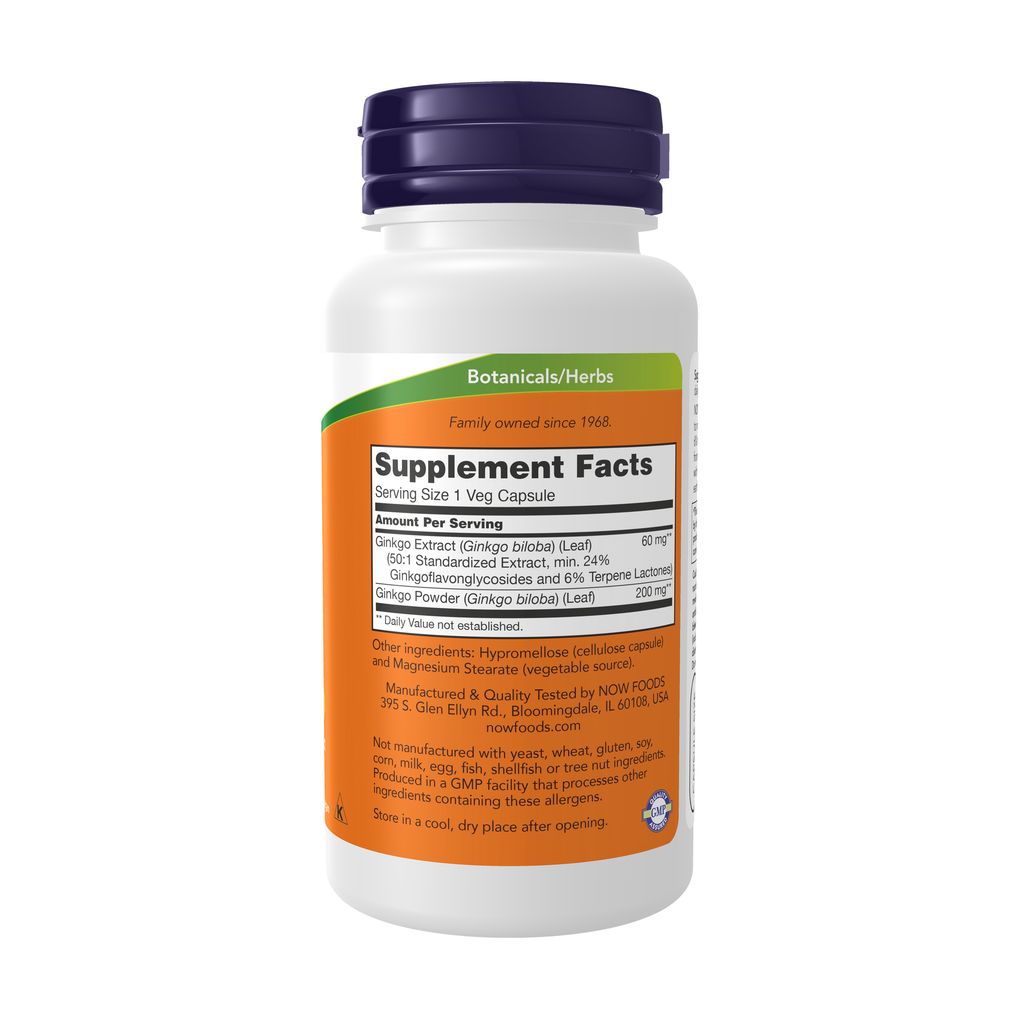 NOW Foods Ginkgo Biloba 60 mg - 120 Veg Capsules – right label / Etykieta producenta