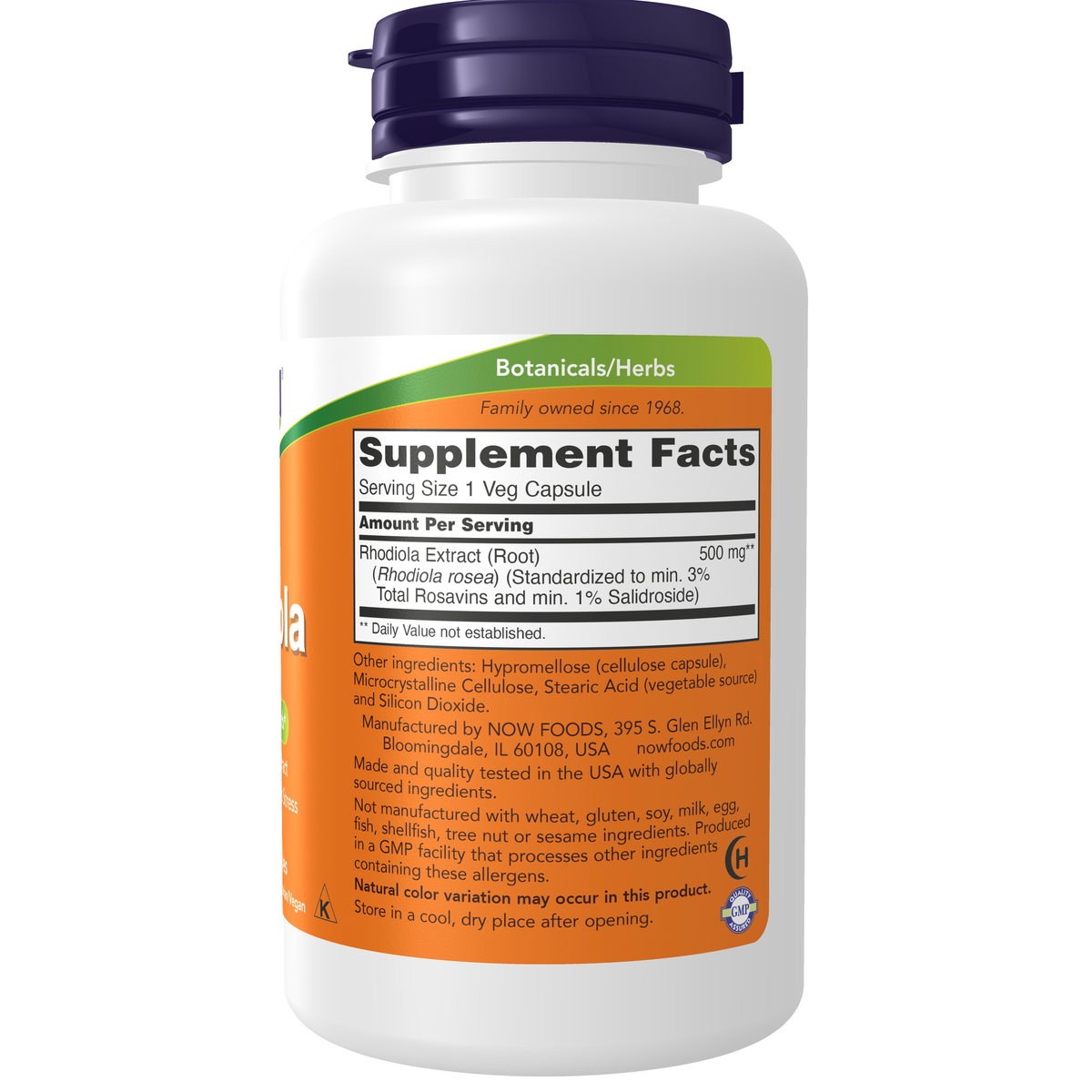 NOW Foods Rhodiola 500 mg - 120 Veg Capsules – Right label / Etykieta producenta