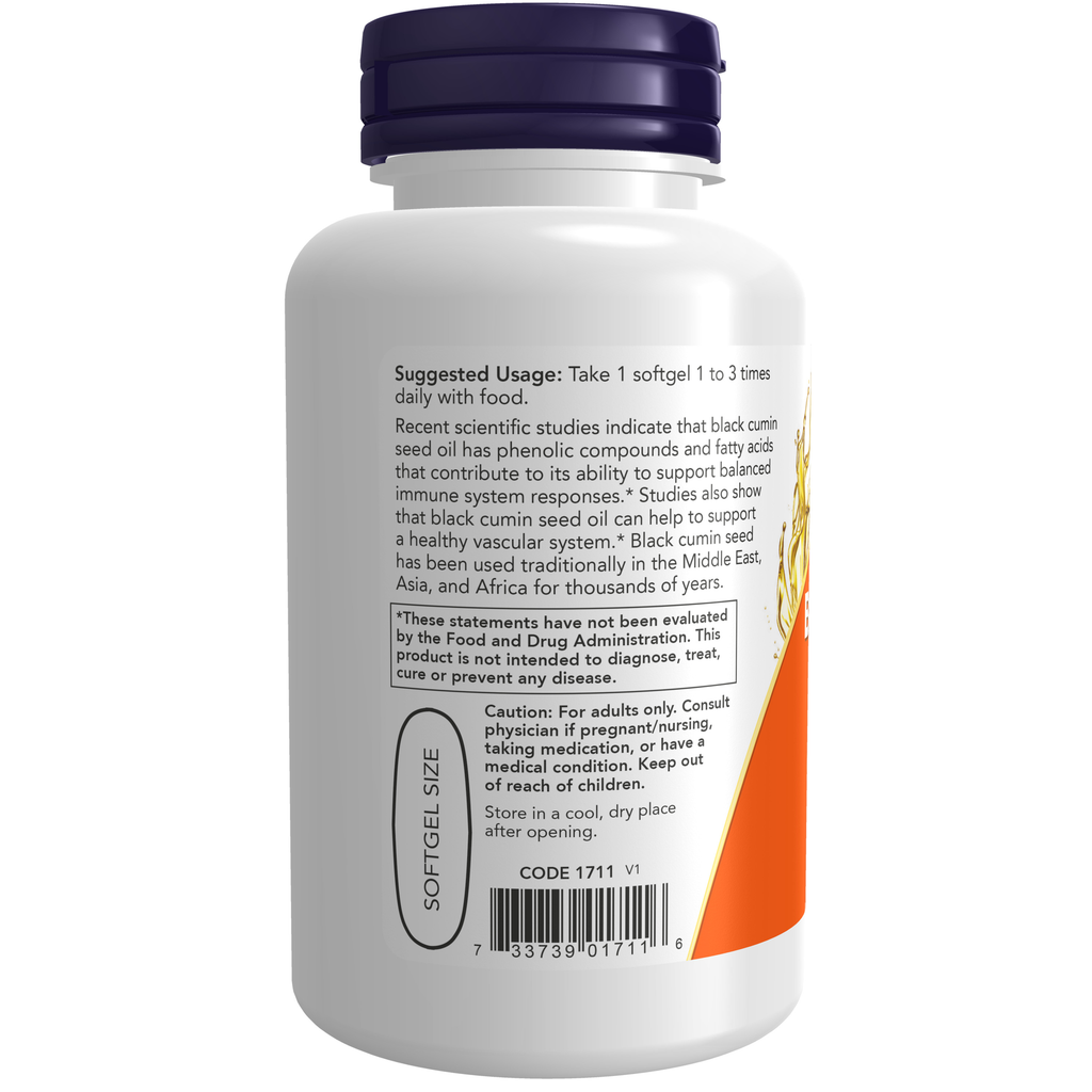 NOW Foods Black Cumin Seed Oil 1000 mg Softgels – Label details / Etykieta producenta