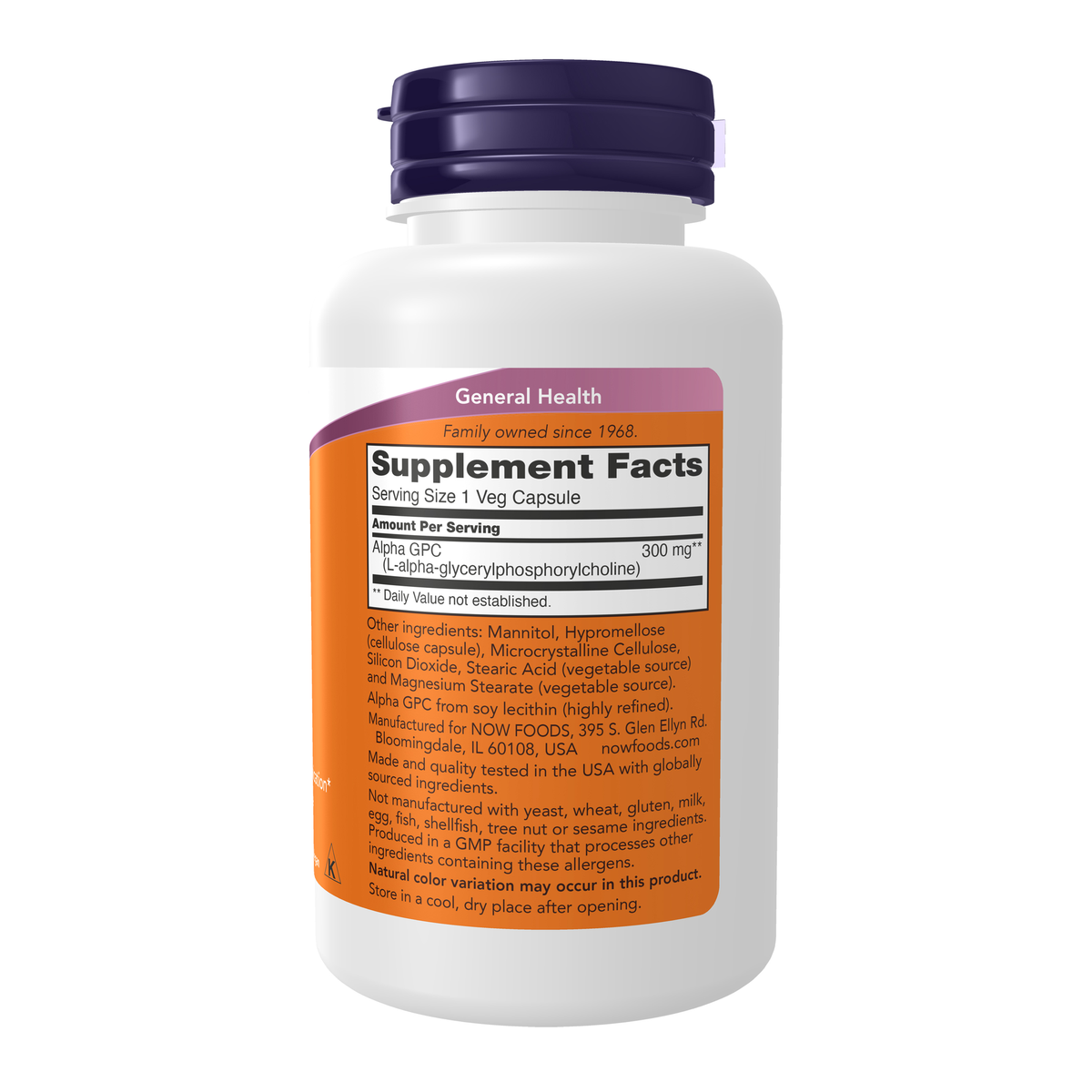 NOW Foods Alpha GPC 300 mg - 60 Veg Capsules – Right label / Etykieta producenta