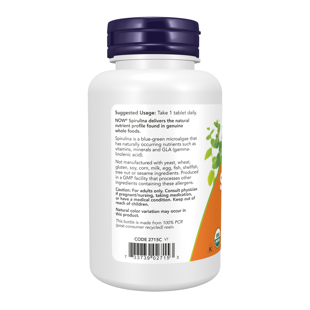NOW Foods Spirulina Double Strength, 1000 mg Organic - 120 Tablets – Left label / Etykieta producenta