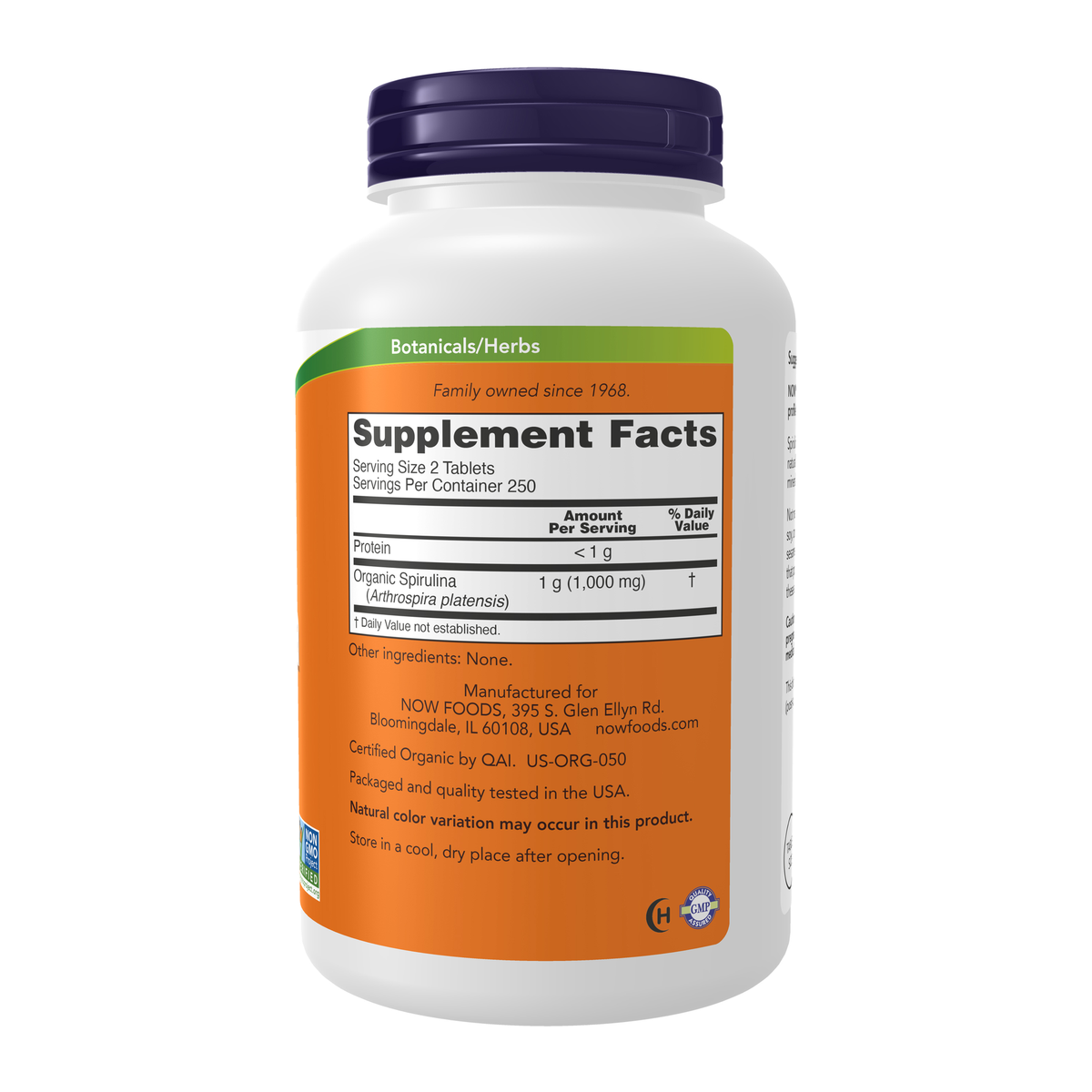 NOW Foods Spirulina 500 mg, Organic - 500 Tablets – Right label / Etykieta producenta