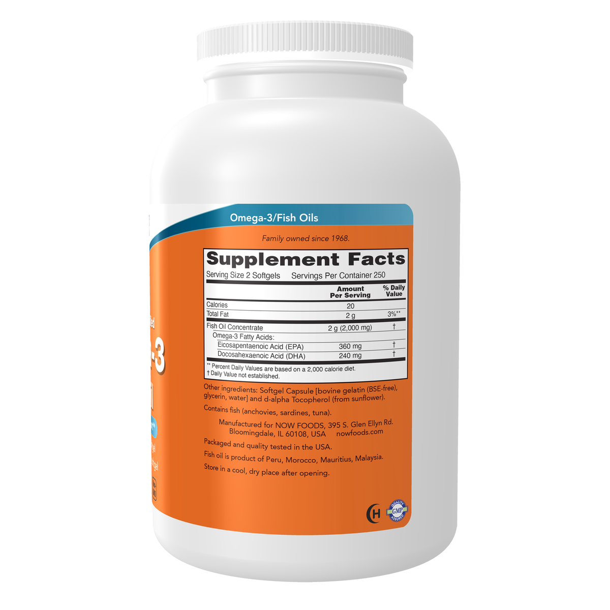 NOW Foods Omega-3 Fish Oil, Molecularly Distilled - 500 Softgels – Right label / Etykieta producenta
