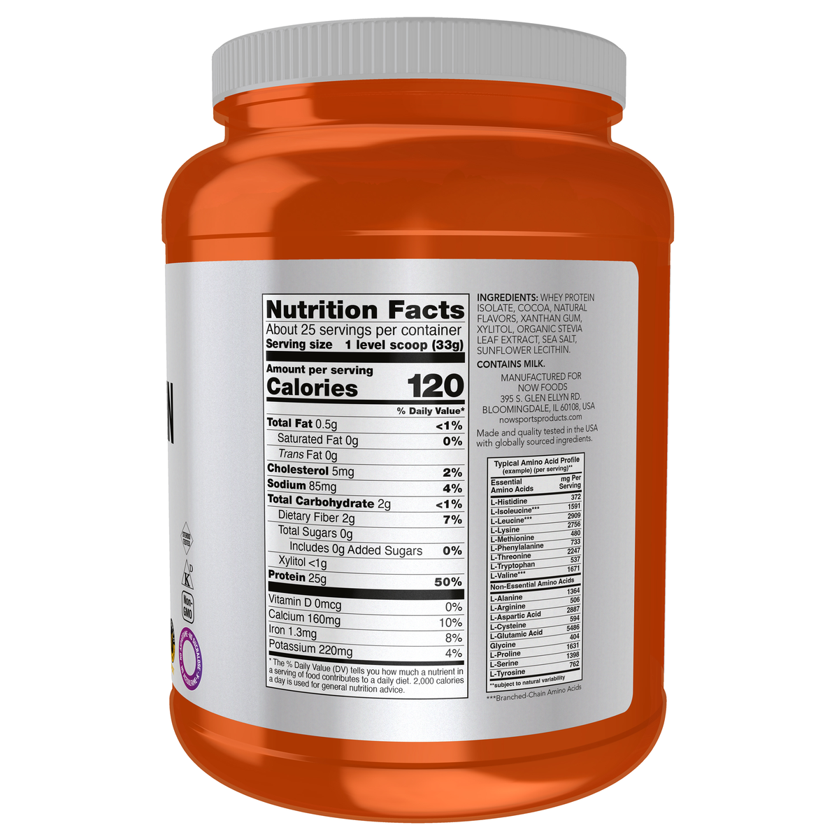 NOW Foods Whey Protein Isolate, Creamy Chocolate Powder - 1.8 lbs. – Right label / Etykieta producenta