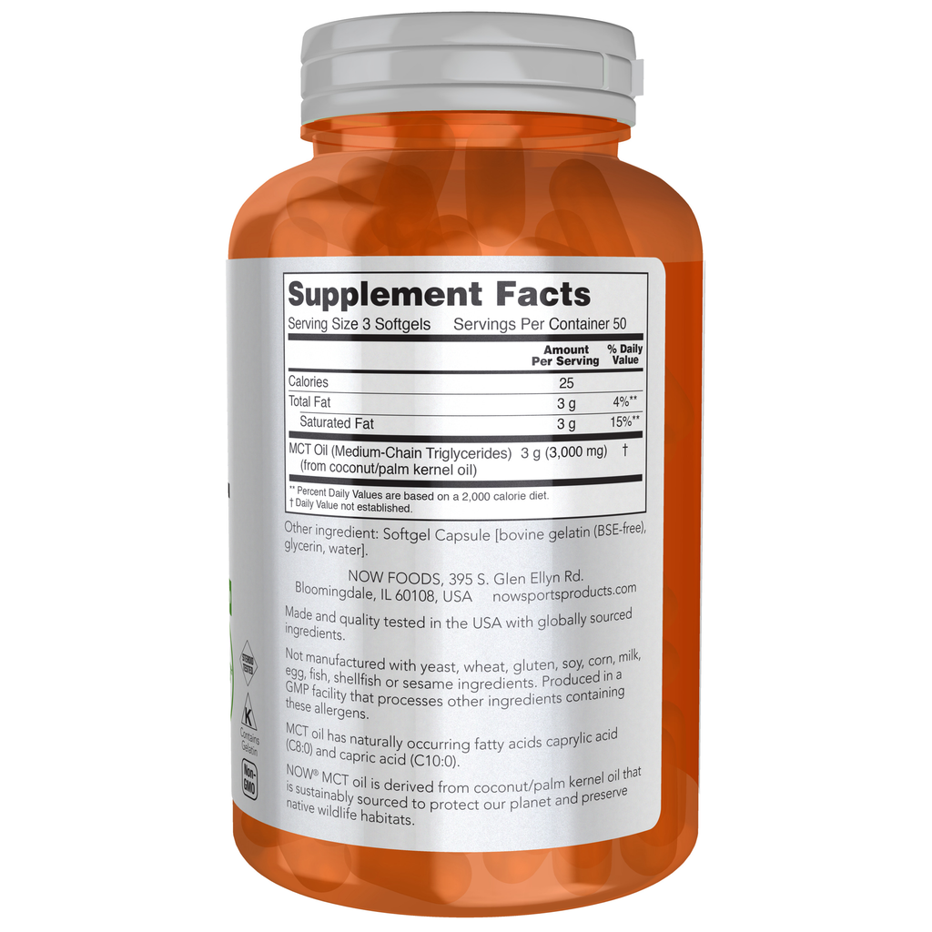 NOW Foods MCT Oil 1000 mg - 150 Softgels – Label details / Etykieta producenta