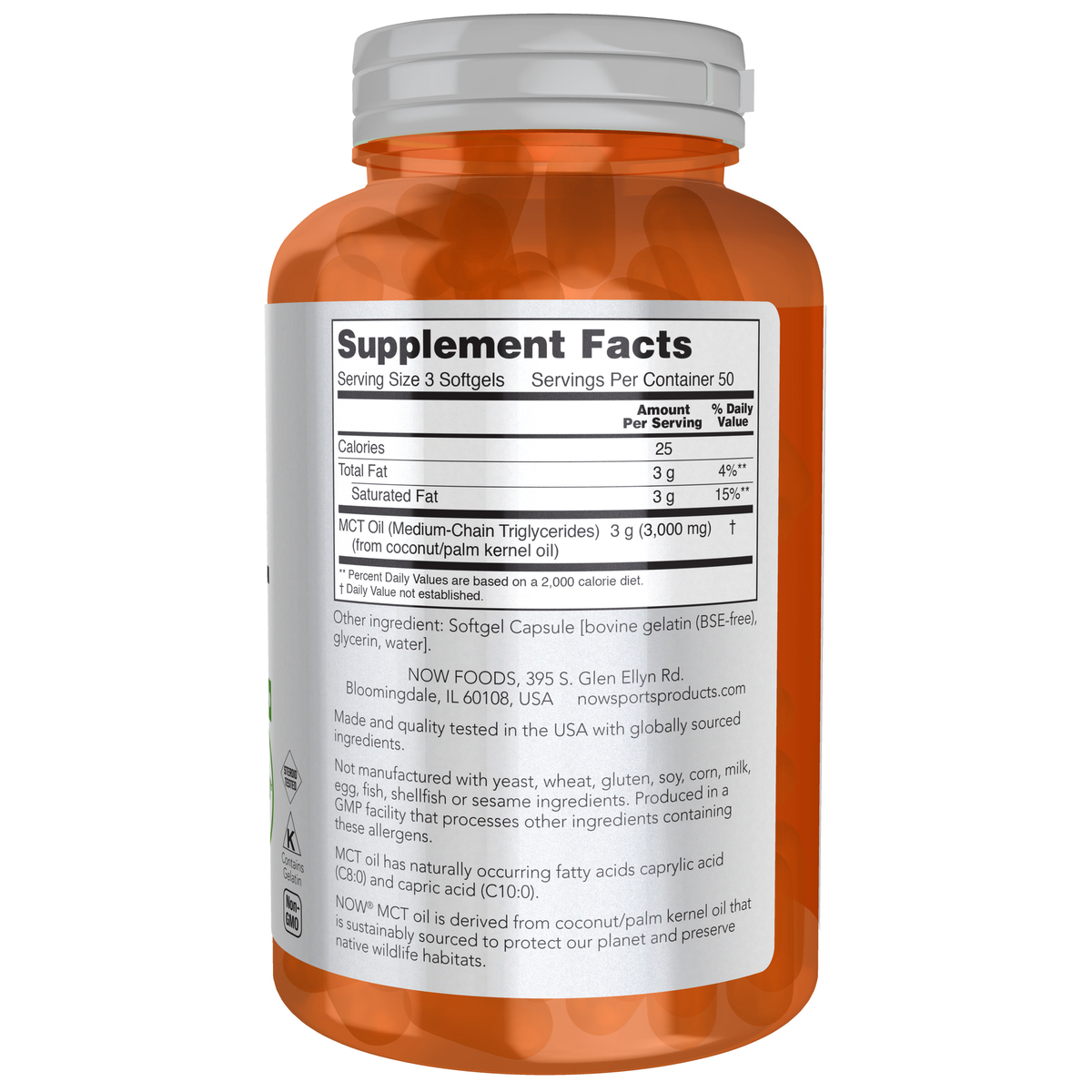 NOW Foods MCT Oil 1000 mg - 150 Softgels – Label details / Etykieta producenta
