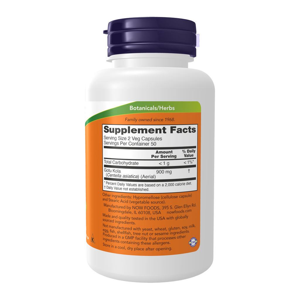 NOW Foods Gotu Kola 450 mg - 100 Veg Capsules – Right label / Etykieta producenta