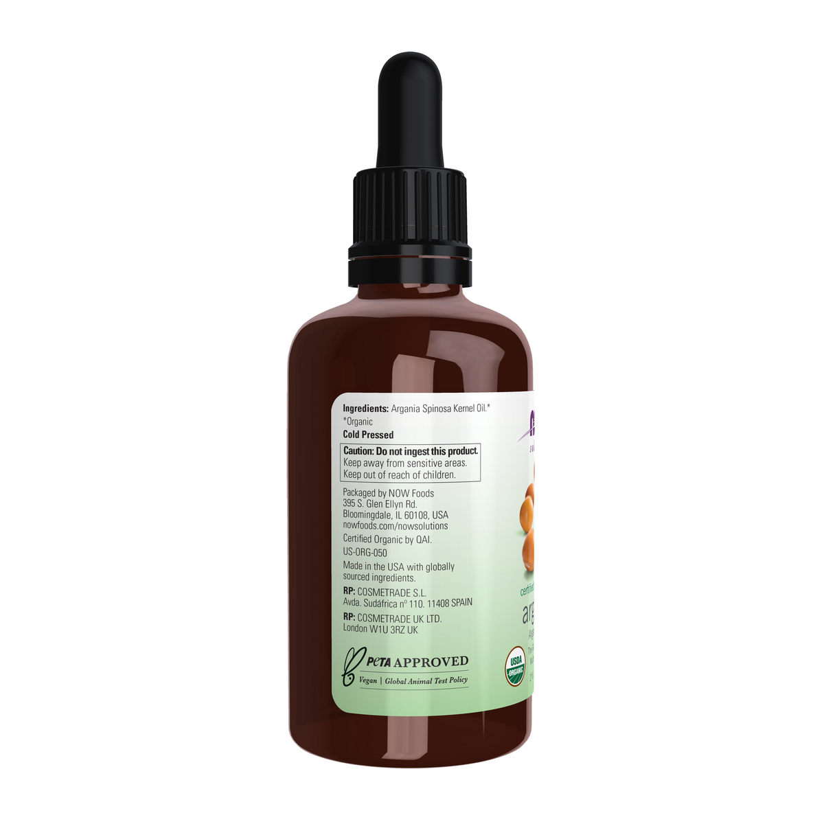 NOW Foods Argan Oil, Organic - 2 fl. oz. – Left label / Etykieta producenta