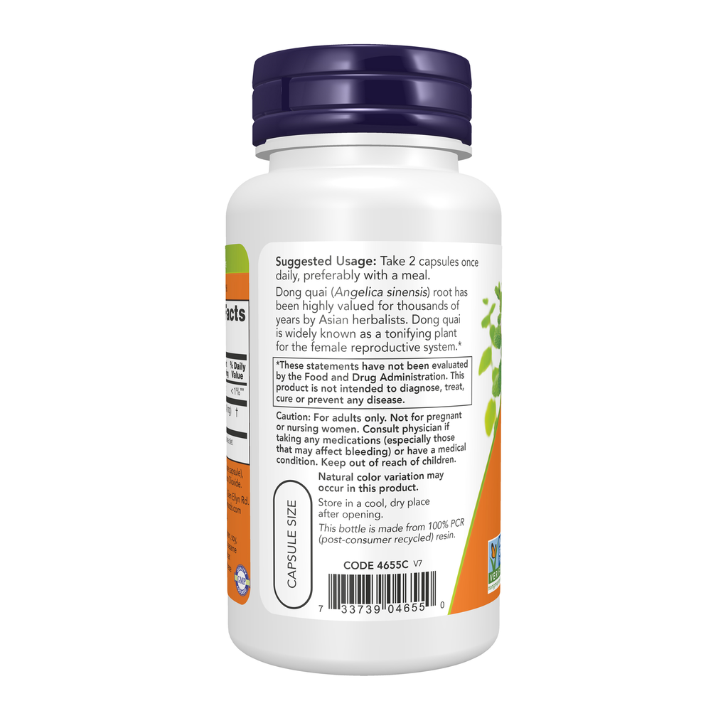 NOW Foods Dong Quai 520 mg - 100 Veg Capsules – Left label / Etykieta producenta