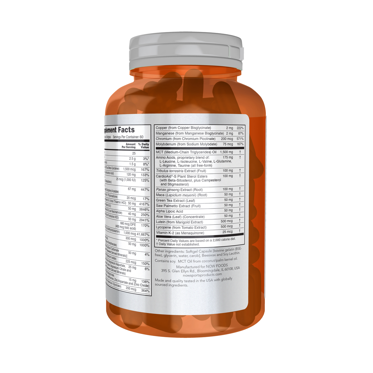 NOW Foods Men's Active Sports Multi - 180 Softgels – Right label / Etykieta producenta