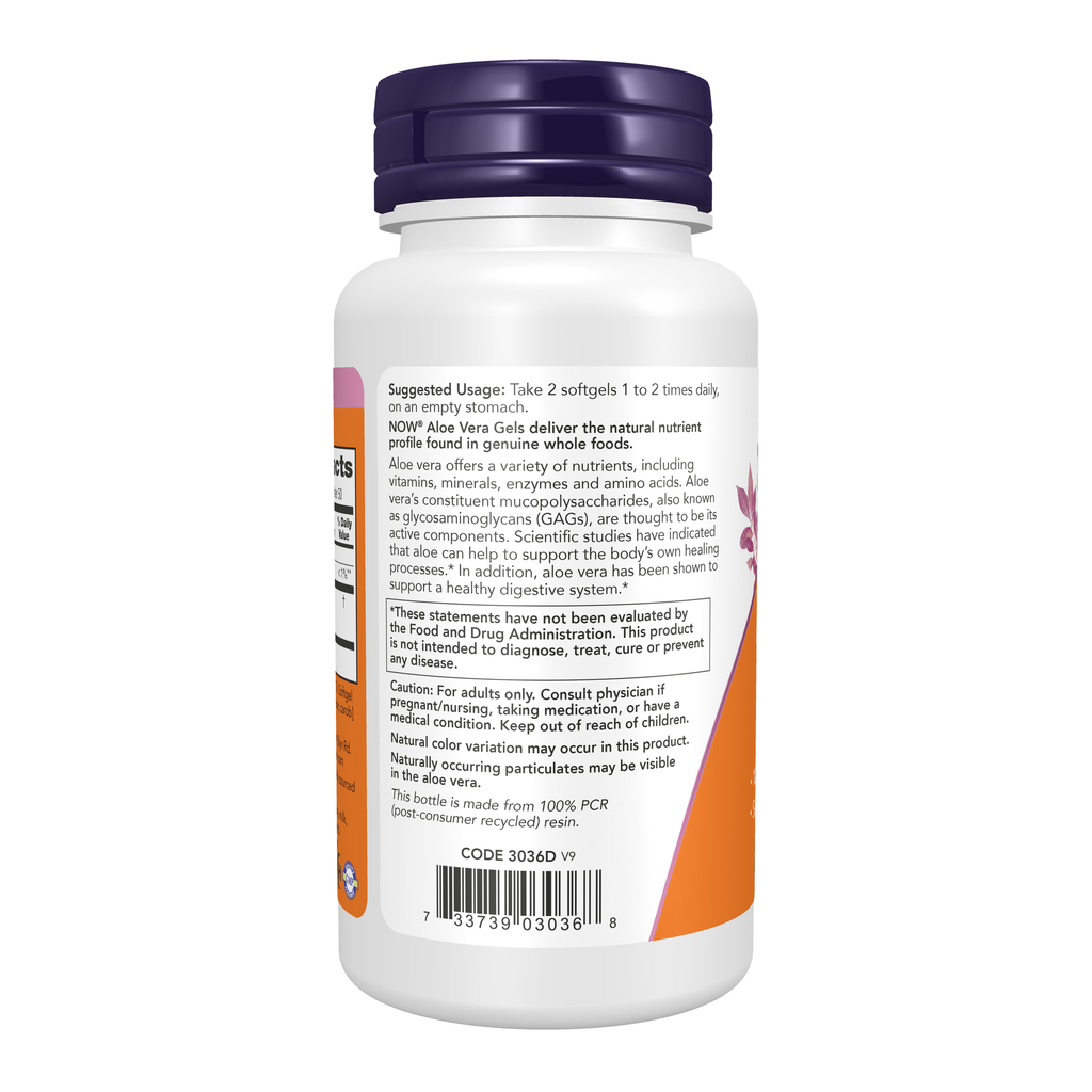 NOW Foods Aloe Vera 10,000 mg - 100 Softgels – Left label / Etykieta producenta