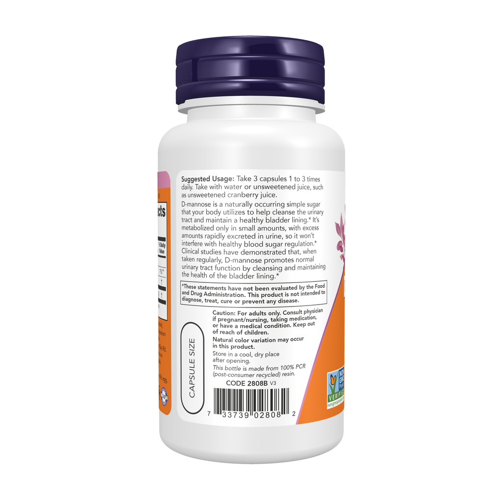 NOW Foods D-Mannose Urinary Support 500 mg - 60 Veg Capsules – Left label / Etykieta producenta