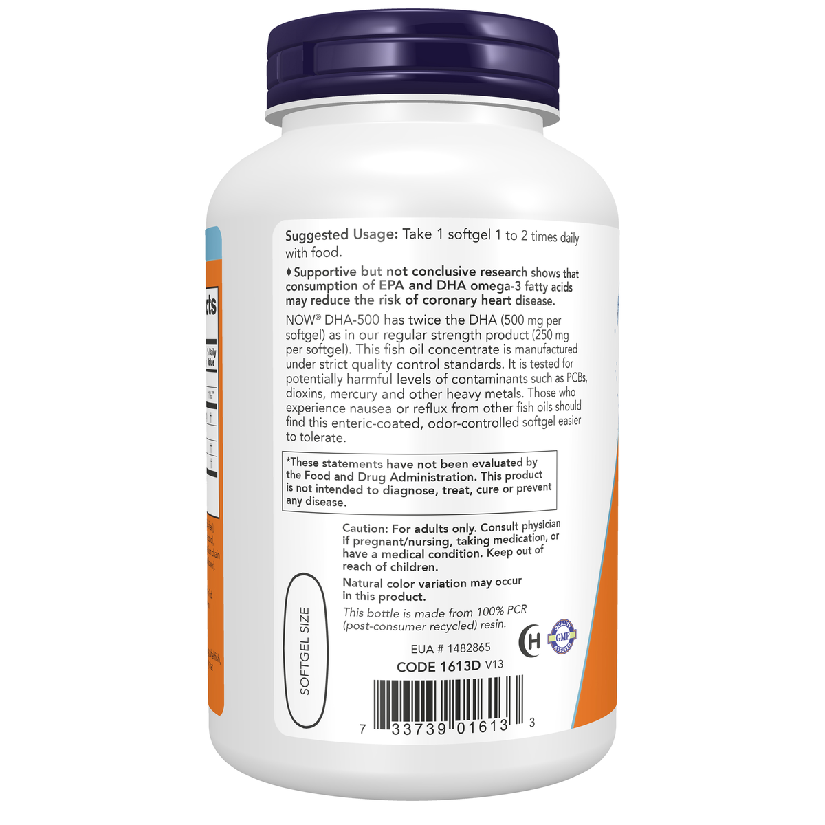 NOW Foods DHA-500 Fish Oil, Double Strength - 180 Softgels – Left label / Etykieta producenta
