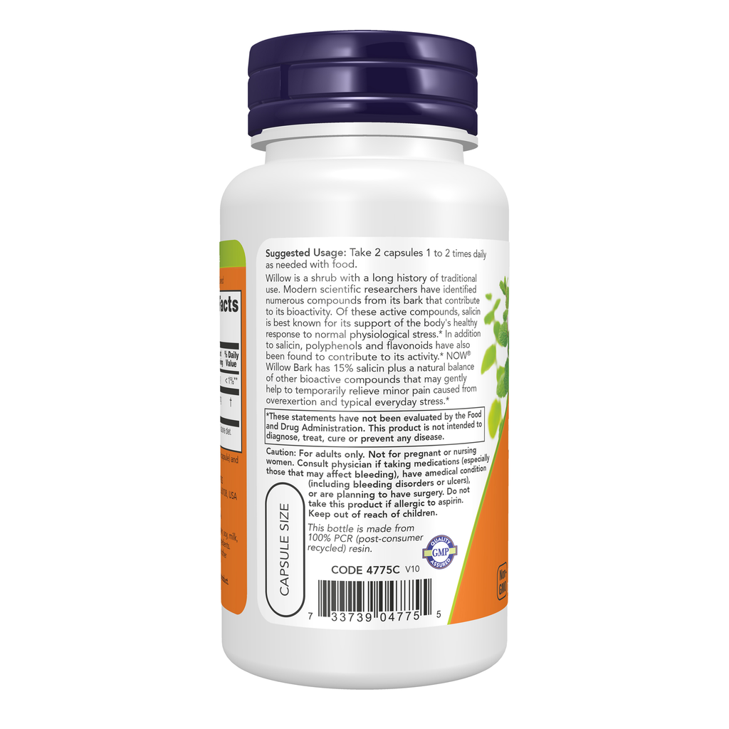 NOW Foods Willow Bark Extract 400 mg - 100 Veg Capsules – Left label / Etykieta producenta