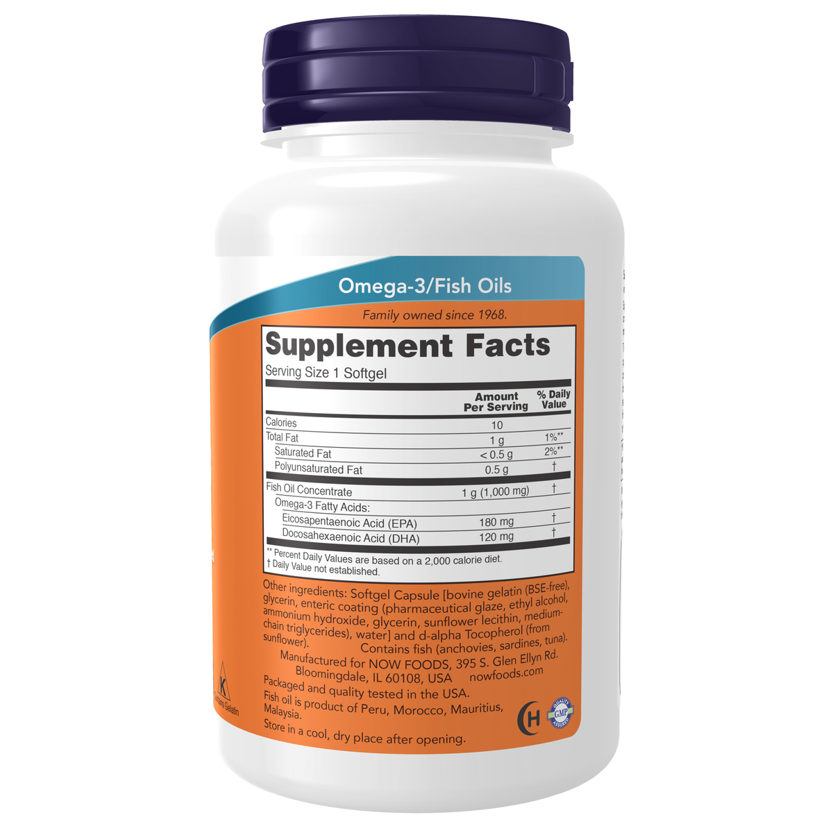 NOW Foods Omega-3, Molecularly Distilled & Enteric Coated - 90 Softgels – Label details / Etykieta producenta