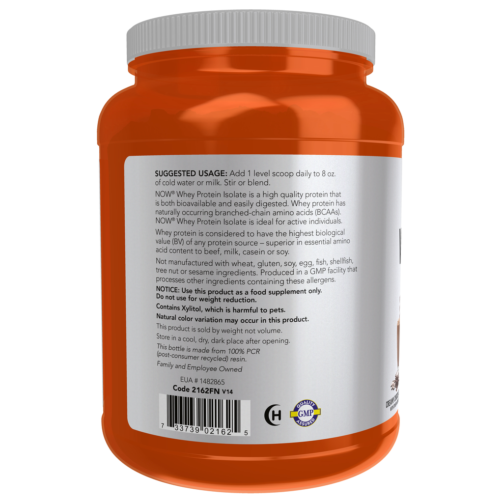 NOW Foods Whey Protein Isolate, Creamy Chocolate Powder - 1.8 lbs. – Left label / Etykieta producenta