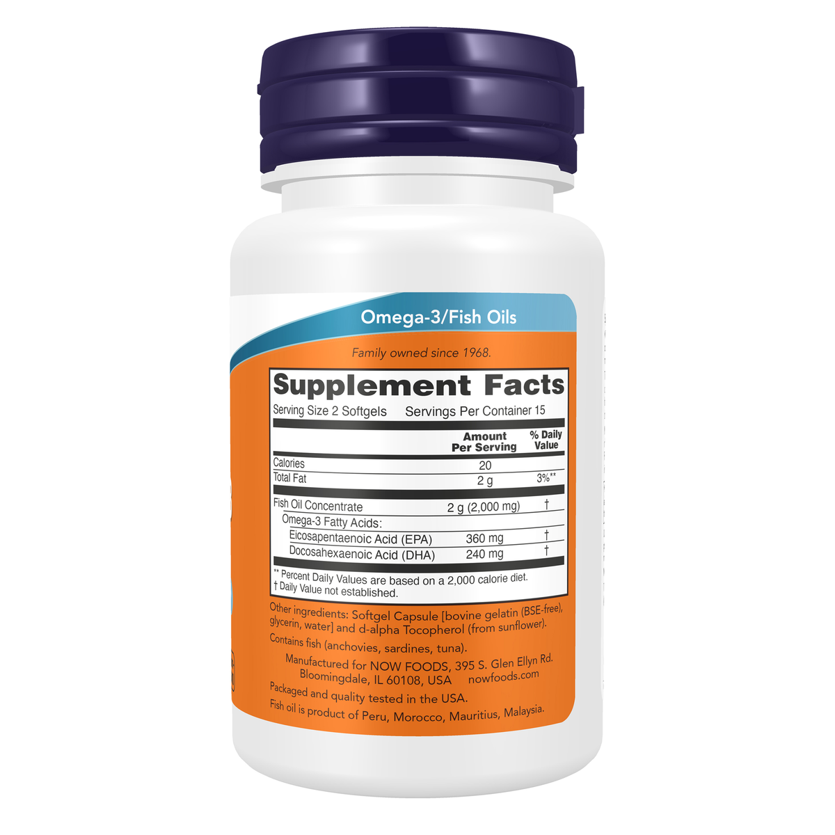 NOW Foods Omega-3 Fish Oil, Molecularly Distilled - 30 Softgels – Right label / Etykieta producenta