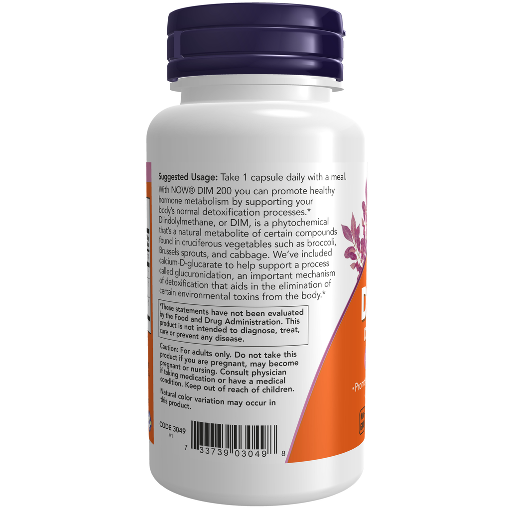 NOW Foods DIM 200 Diindolylmethane - 90 Veg Capsules – Label details / Etykieta producenta