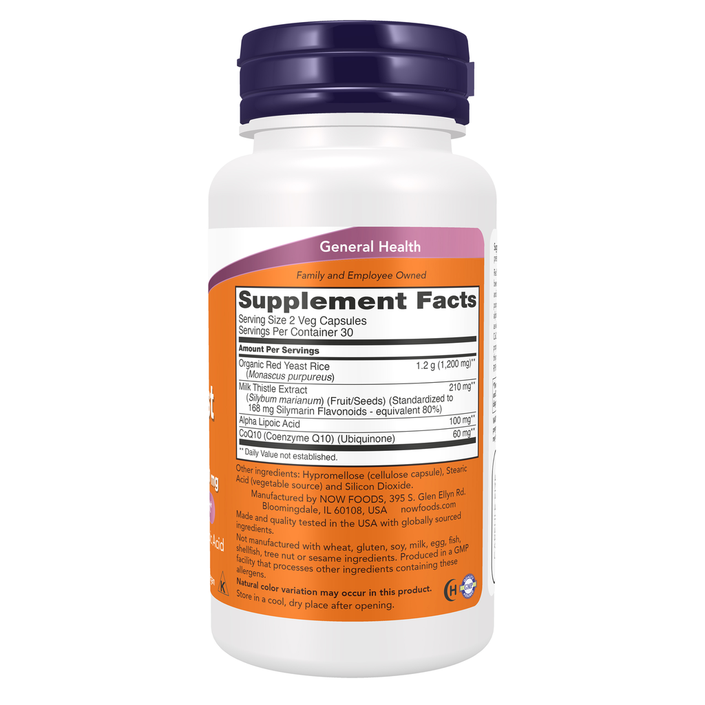 NOW Foods Red Yeast Rice 600 mg with CoQ10 30 mg - 60 Veg Capsules – Right label / Etykieta producenta