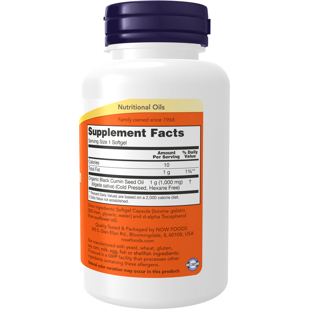 NOW Foods Black Cumin Seed Oil 1000 mg Softgels – Label details / Etykieta producenta