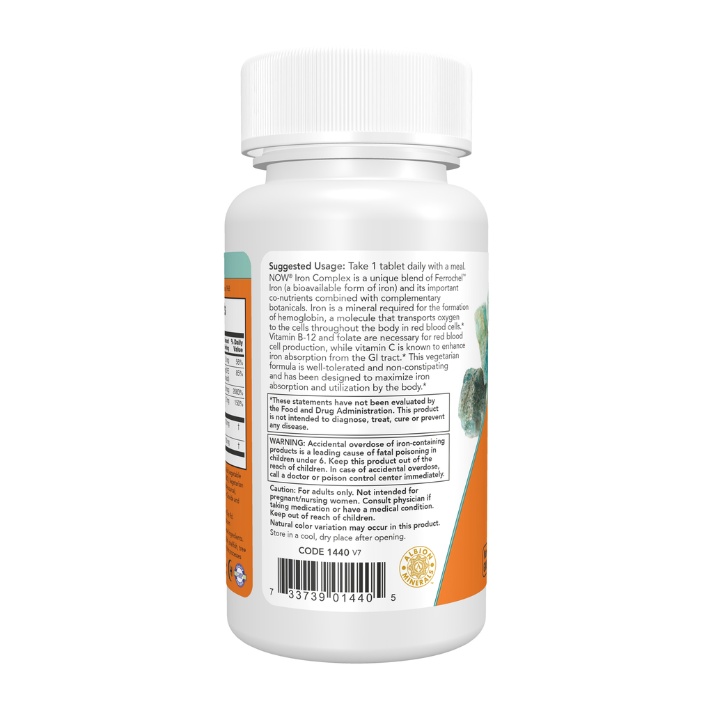 NOW Foods Iron Complex Vegetarian - 100 Tablets – Left label / Etykieta producenta