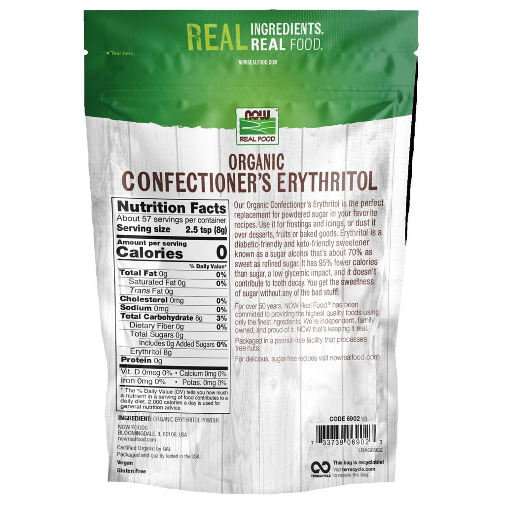 NOW Foods Confectioner's Erythritol, Organic Powder - 1 lb. – Label details / Etykieta producenta