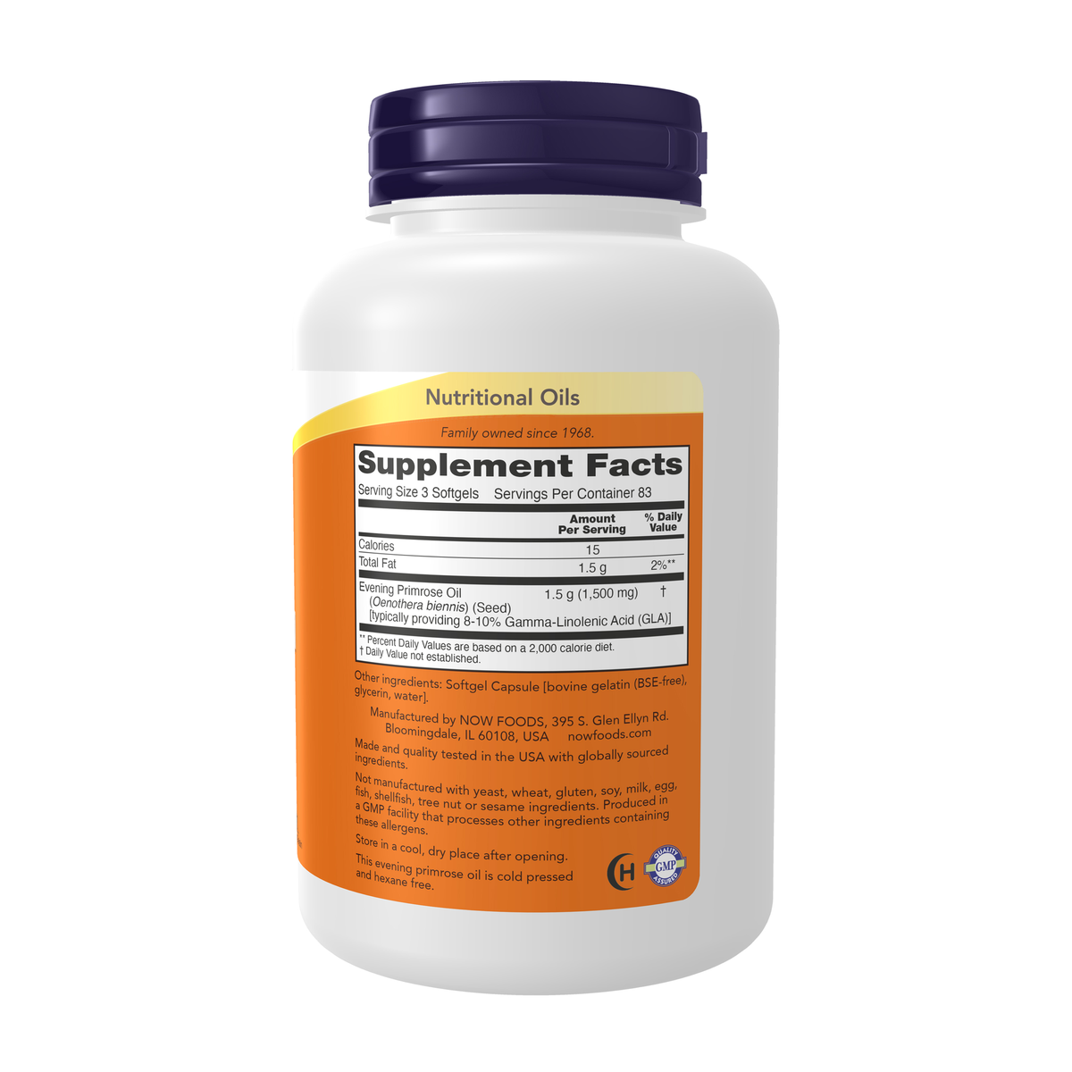 NOW Foods Evening Primrose Oil 500 mg - 250 Softgels – Right label / Etykieta producenta