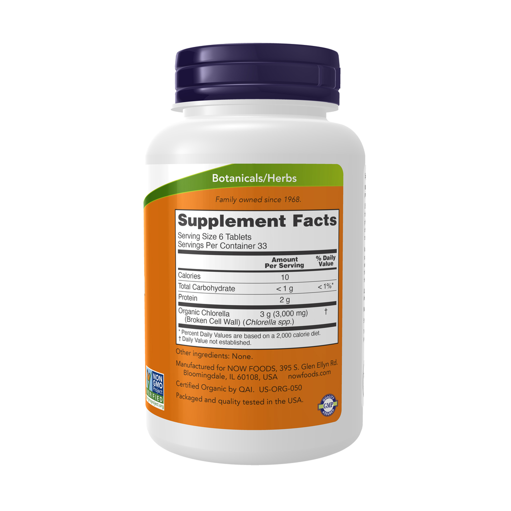 NOW Foods Chlorella 500 mg, Organic - 200 Tablets – Right label / Etykieta producenta