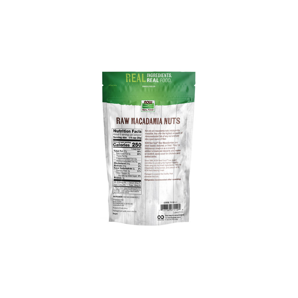 NOW Foods Macadamia Nuts, Raw & Unsalted - 8 oz. – Back label / Etykieta producenta