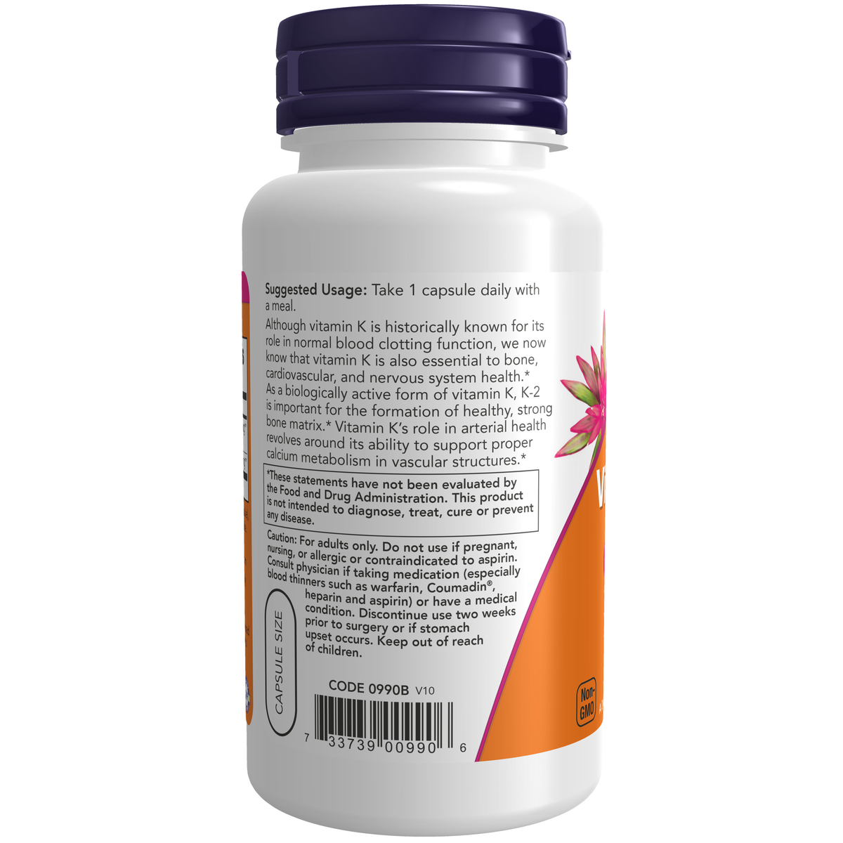 NOW Foods Vitamin K-2 100 mcg - 100 Veg Capsules – Label details / Etykieta producenta