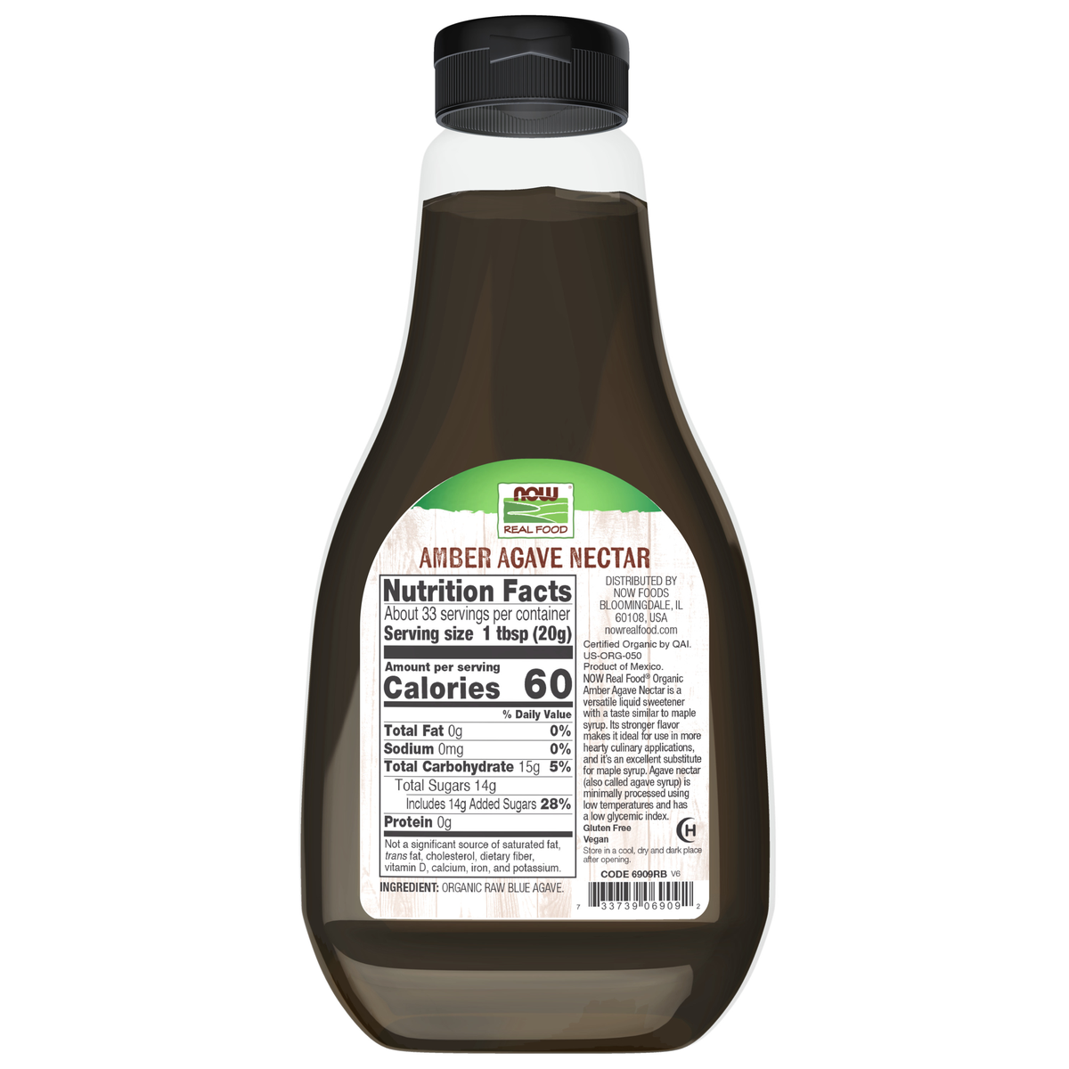 NOW Foods Agave Nectar, Amber & Organic - 23.28 oz. – Label details / Etykieta producenta