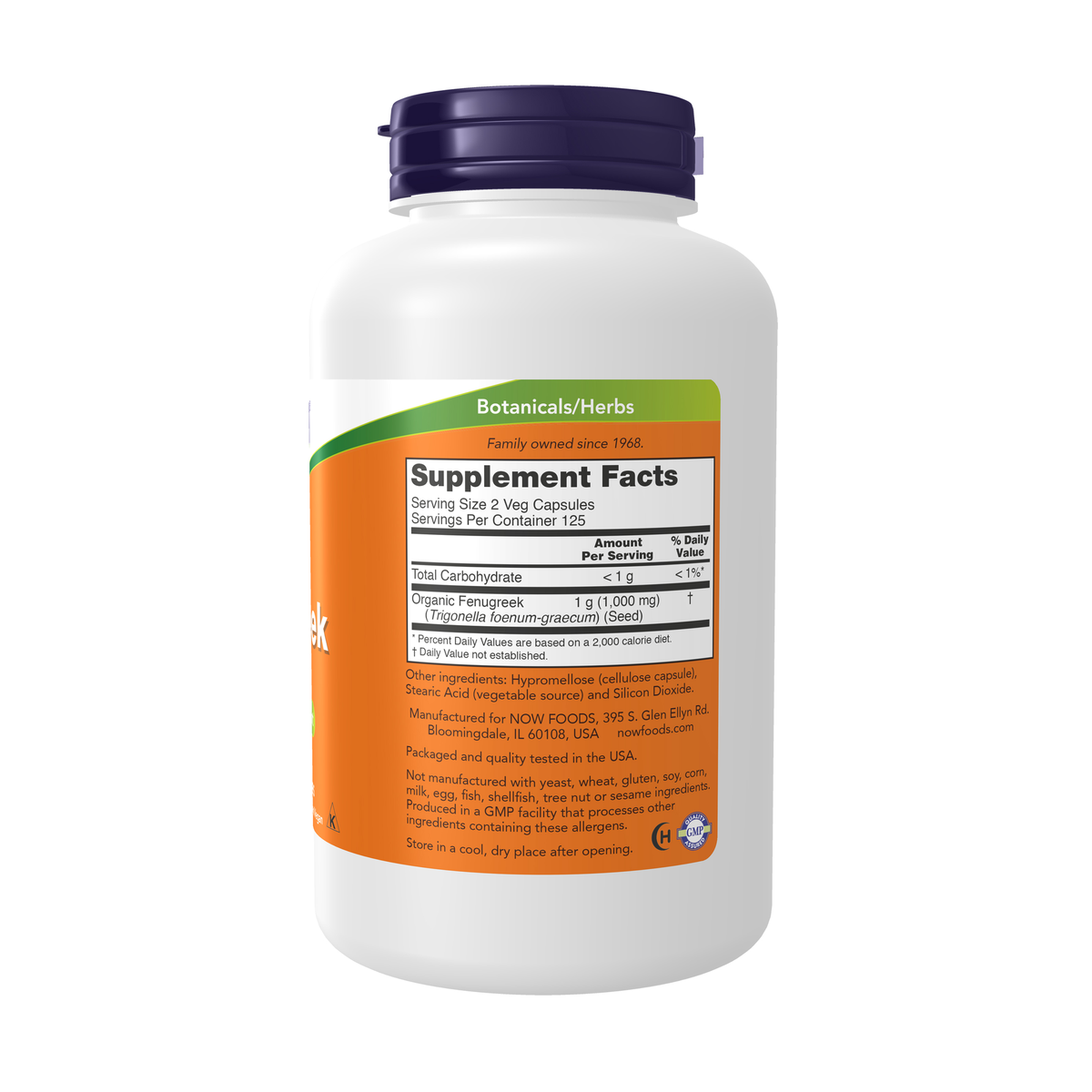 NOW Foods Fenugreek 500 mg - 250 Veg Capsules – Right label / Etykieta producenta