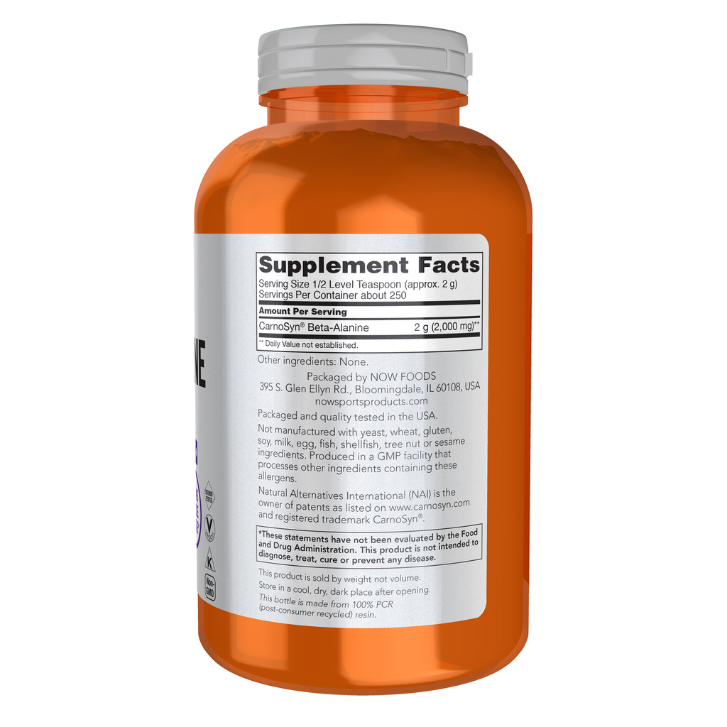 NOW Foods Beta-Alanine - 500 g (17.6 oz.) – Right label / Etykieta producenta