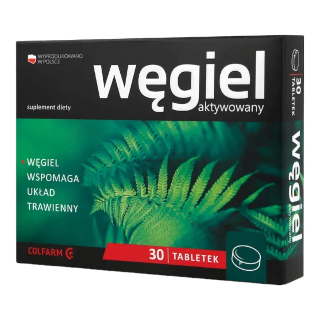 Colfarm Activated Charcoal Front of Box – 30 Tablets Digestive Support