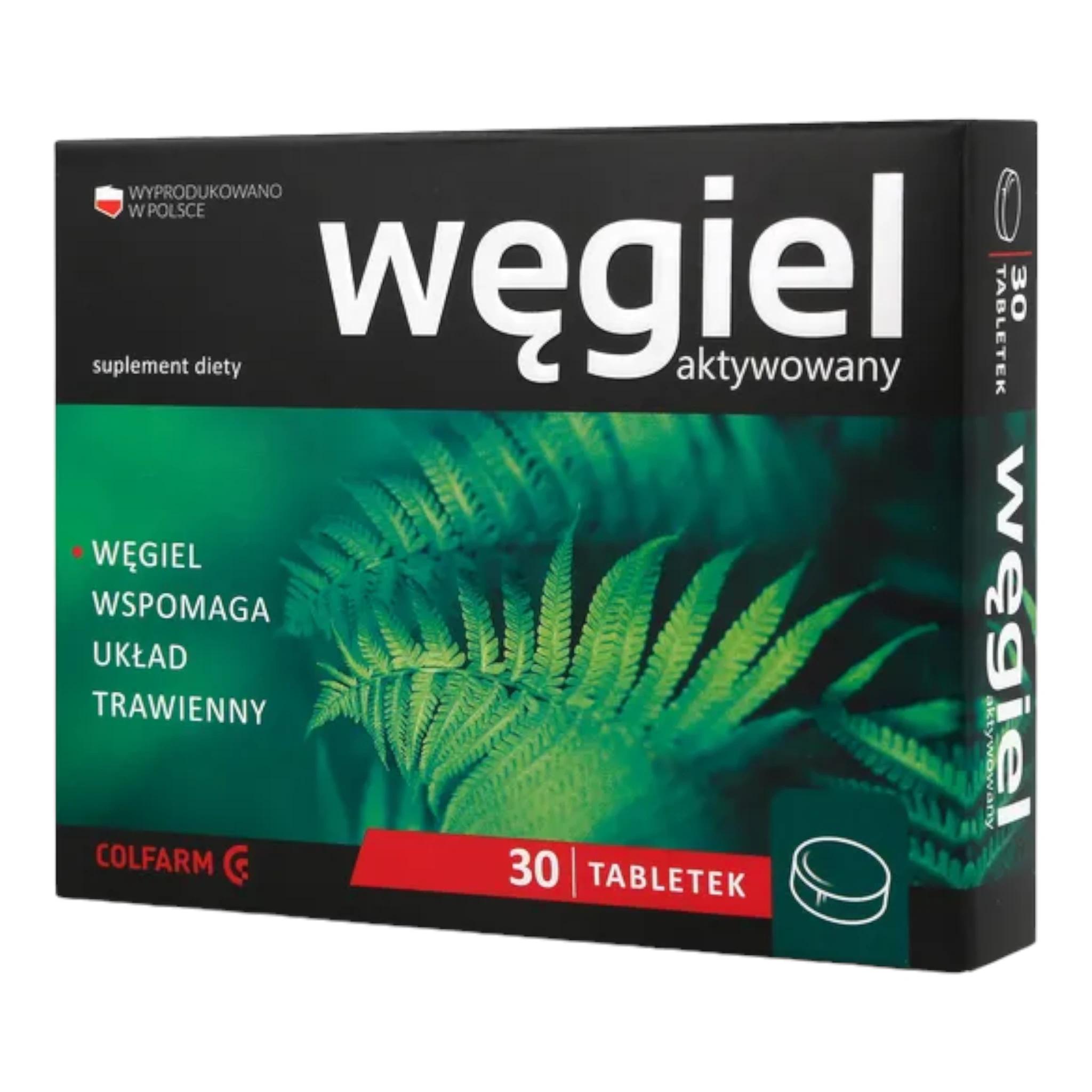 Colfarm Activated Charcoal Front of Box – 30 Tablets Digestive Support