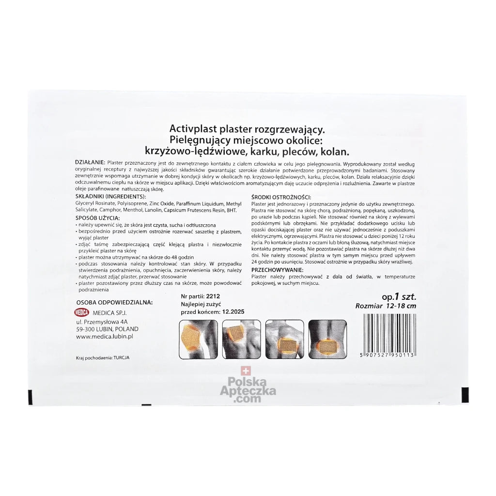 Activplast Heating Patch for back, neck, and joint pain – long-lasting heat therapy with camphor, menthol, and capsaicin