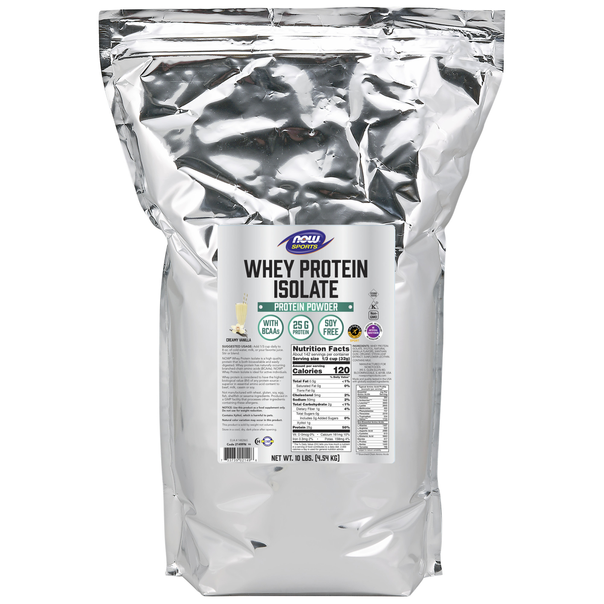 NOW Foods Whey Protein Isolate, Creamy Vanilla Powder - 10 Lbs. – Manufacturer label details / Etykieta producenta