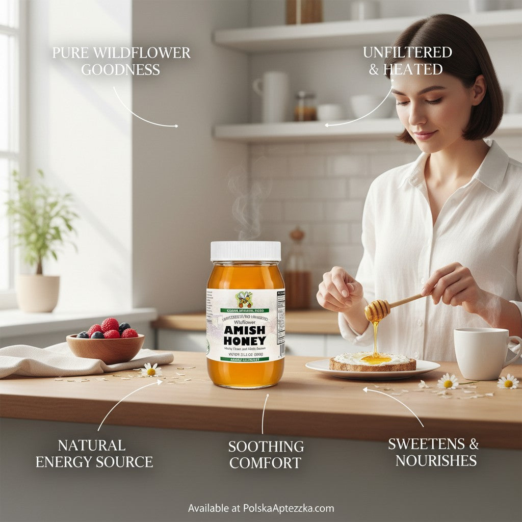 Apteczka brand Calma Optimal Food unfiltered wildflower Amish honey, golden amber color, 21 oz jar, drizzled on toast.