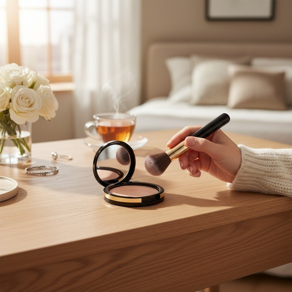 Apteczka Celebrities Beauty transparent pressed mineral powder no. 20, mattifying and smoothing face powder with a makeup brush.
