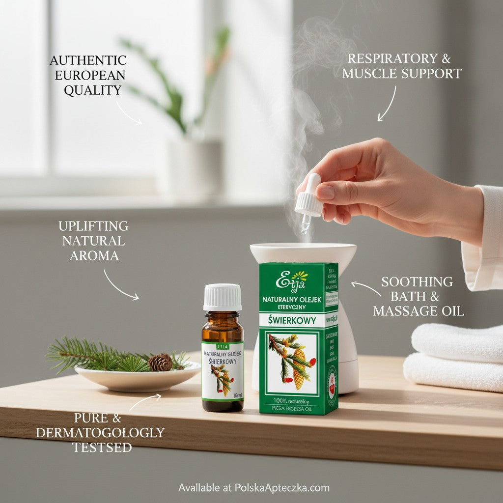 Apteczka Etja spruce essential oil 10ml bottle and box with a hand using a dropper in a diffuser for forest aroma