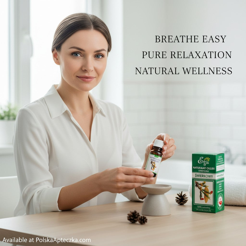 Apteczka woman holding an Etja Spruce Essential Oil bottle next to a ceramic diffuser and pine cones for wellness